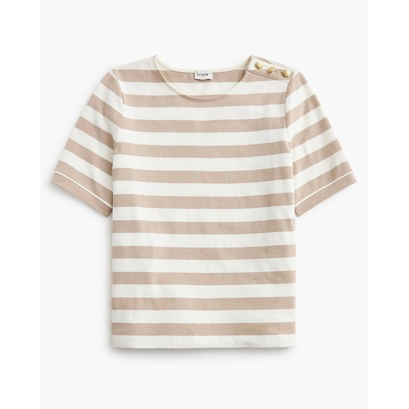 J.Crew Tops - J.Crew‎ Womens XL Striped Short Sleeve Boatneck Top Gold Button Shoulder Beige